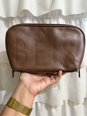 BEIS Chocolate Brown Embossed Leather Toiletry Pouch